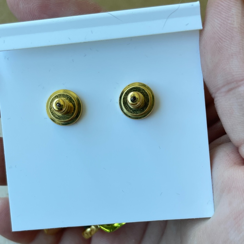 Tory Burch Gold Logo Drop Earrings with Lime Green and Teal Glass - Picture 2 of 2